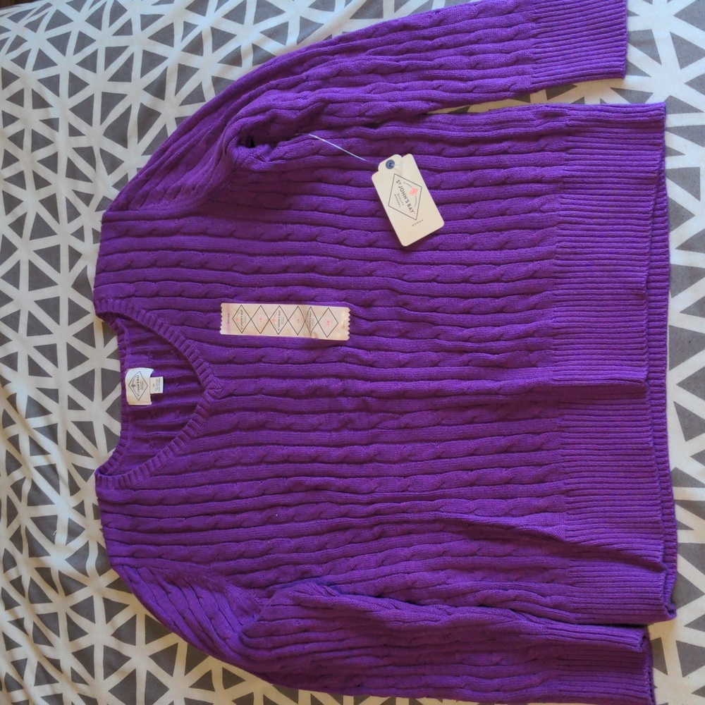 St. John's Bay V-Neck, Cable Knit Sweater, Purple, 1X, NWT